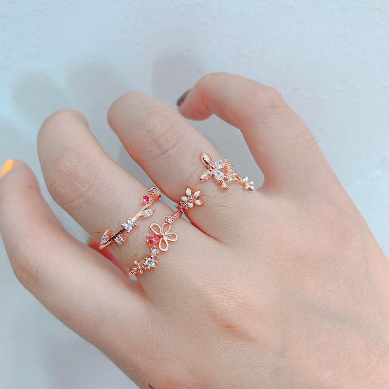 Bagues coréennes ouvertes en Zircon pour femmes et filles, bijoux de doigt, délicat, Micro pavé, feuille de fleur, couleur or Rose, à la mode, nouvelle collection 2020