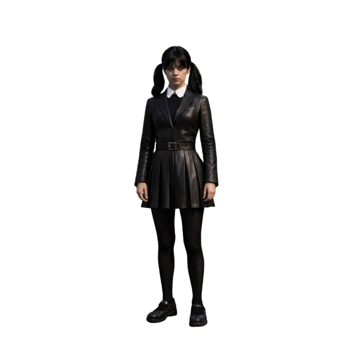 Handmade Gothic Leather Dress – Wednesday-Inspired School Style Black Outfit for Halloween & Gothic Cosplay
