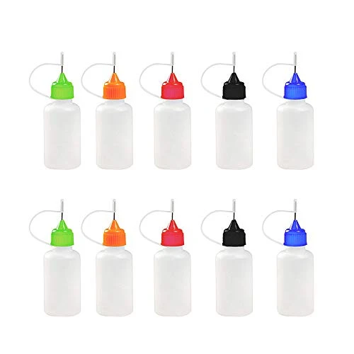 JLM-0438000 Lot de 10 flacons compte-gouttes vides en plastique compressibles pour remplissage de liquide, applicateur à pointe aiguille, flacon de colle, outil de quilling, couleur aléatoire (10 ml,