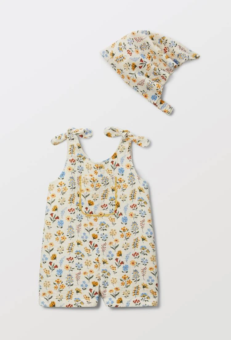 Salopette courte avec fichu imprimés en gaze de coton en coton BIO GOTS BEIGE CLAIR pour bébé BOUT'CHOU