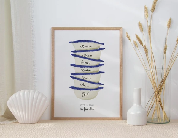 Poster affiche famille bols bretons - Cadeau personnalisable prénoms - A2 / A3 / A4 / A5 - cadre non compris