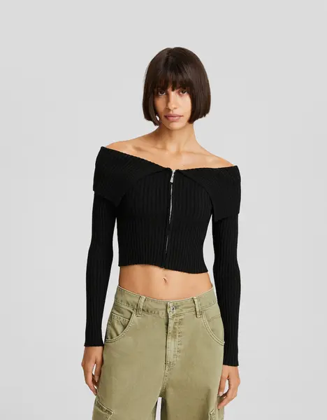 Gilet manches longues zippé col Bardot