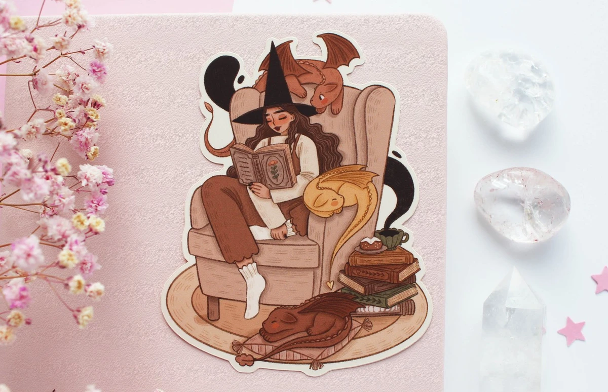 Witchy Reading Time With Dragons Waterproof Matt Vinyl Sticker — Marigona Suli