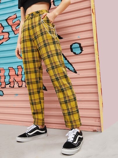 Pantalon droit en tartan avec chaîne