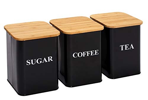 Xbopetda Lot de 3 boîtes de rangement de cuisine avec couvercles en bois pour sucre, café, thé et aliments secs Noir