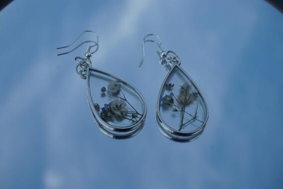 Baby’s Breath and Forget Me Not Resin Sterling Silver Earrings