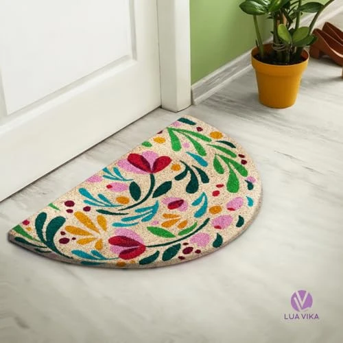 LUA VIKA Paillasson Exterieur Entree Demi Lune - Flora - 40x70 cm - Tapis Entree Exterieur Antidérapant - Tapis Coco Interieur - Paillasson Coco Original