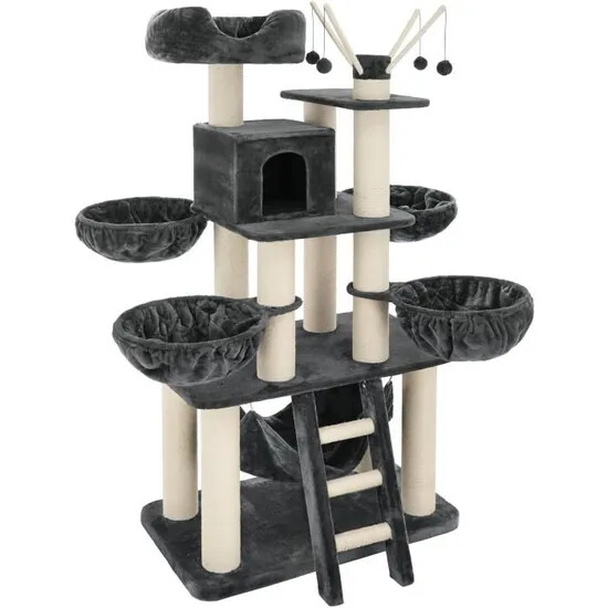 TECTAKE Arbre à Chat 195 cm GISMO Griffoir + 1 Cabane + 1 Hamac + 4 Couchettes + 4 Balles de jeu Gri