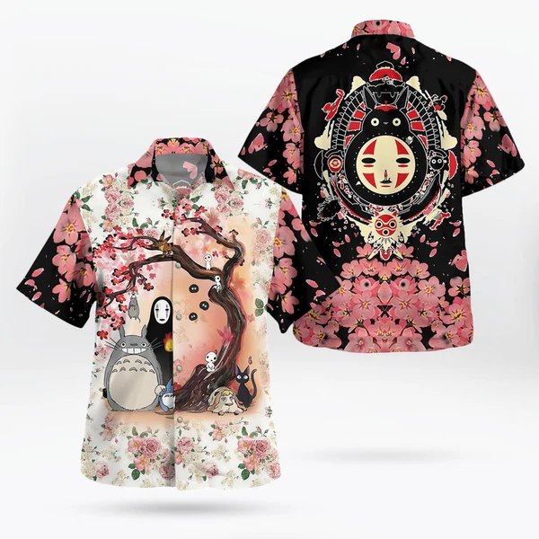 Anime Studio Ghibli Sakura Pink Hawaiian Shirt Totoro, No Face, Jiji, Soot