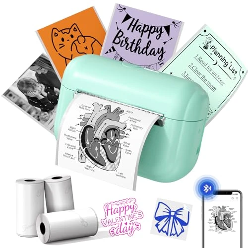 Memoking Mini imprimante Thermique Portable, Bluetooth Q02E Mini imprimante Autocollant pour garçons et Filles, Petite Imprimante pour Notes d'étude,Photos, création, Anatomiques, Cadeau (Vert)
