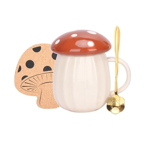 Tasse de Champignon, Tasse à café Mignon avec Couvercle et Cuillère, Mug de thé Kawaii Mushroom, Tasse à Thé drôles pour le lait, Idée Cade au Femme, d'Anniversaire, Noël, Fete des Meres, Amie