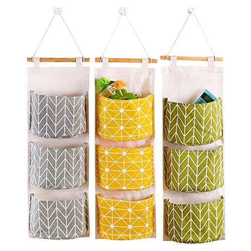 WELLXUNK® Sacs Rangement Mural, Lot de 3 Sacs Rangement Coton Lin, Suspendre Organiseur Poche, Sac D'entreposage, Lin Imperméable Sac Rangement pour Chambre Salle de Bain Cuisine