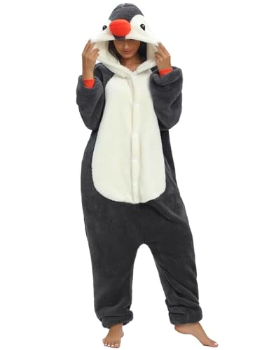 Combinaison Pyjama Femme Homme Pyjamas Onesies Cosplay Costume Kigurumi Deguisement Halloween Adulte Pyjama Pilou Pilou Chaud et Doux à Poches pour Carnaval Halloween Noel Jour de l'An, M Pingouin