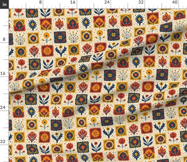 Fabric in Mid-Century Folk Floral Tiles in Navy and Ochre