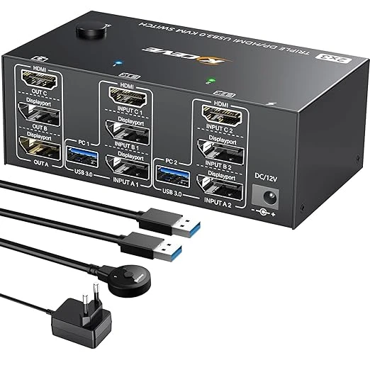 Commutateur KVM 3 PC 3 moniteurs 8K@60Hz / 4K@144Hz, Displayport 1.4 HDMI 2.1 USB 3.0 Commutateur KVM Triple moniteur pour 3 PC partage souris, clavier avec télécommande filaire et