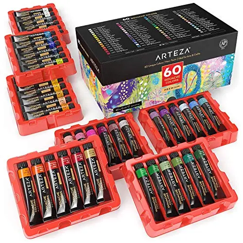 ARTEZA Ensemble de gouache, 12 ml, Ensemble de 60 tubes de peinture opaques, Idéal pour peinture sur canevas, papier d’aquarelle, papier teinté ou avec aquarelle et médiums mixtes