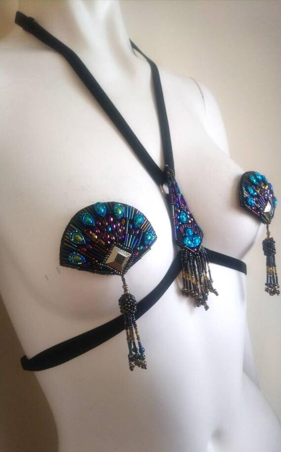 🎐✨Fan style Art Deco 2-piece halter harness with nipple tassels