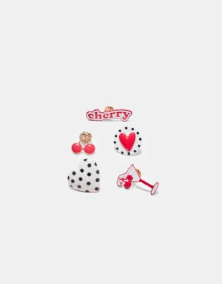 Stradivarius - Lot de 5 pin's à motif cœur et cerise - Rouge