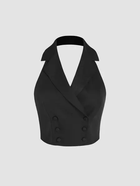 Gilet Blazer Crop Uni à Col