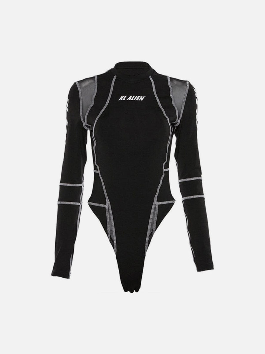 NEV Mesh Patchwork Half Turtleneck Long Sleeve Bodysuit