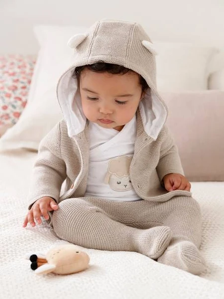 Ensemble naissance 3 pièces en point mousse beige chiné - Vertbaudet
