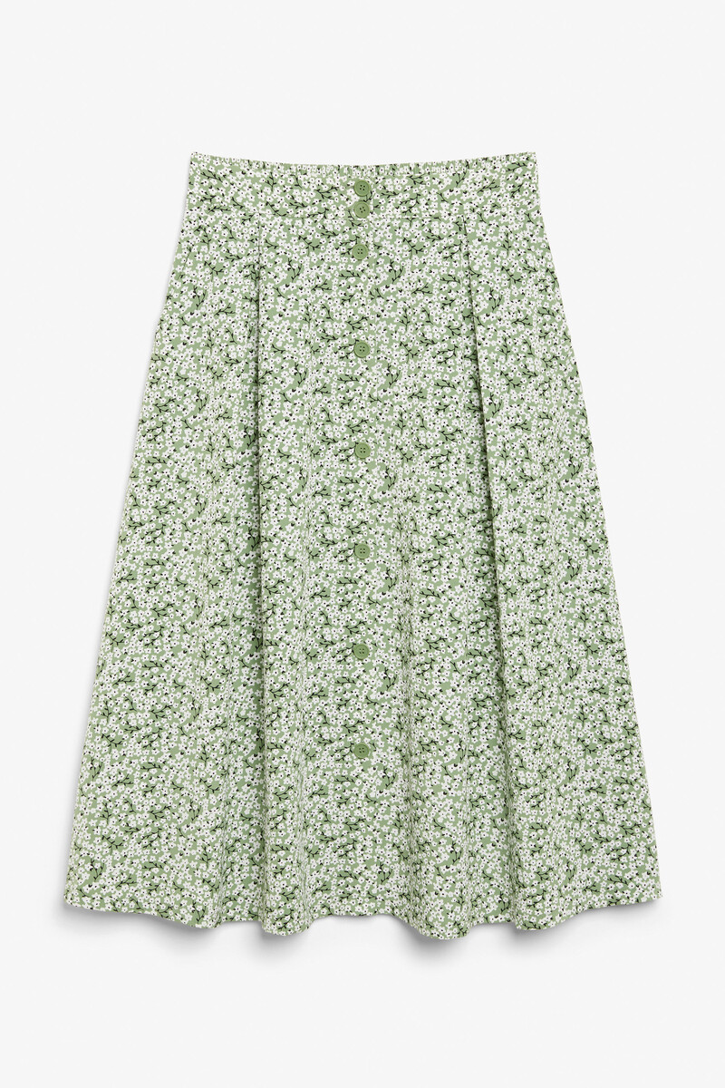 Pleated midi skirt - Green with white flowers - Skirts - Monki