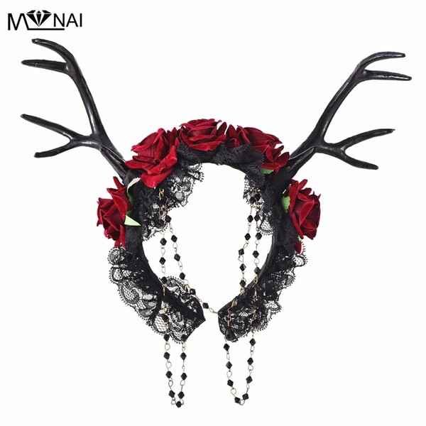 Bandeaux en corne d'élan fait à la main, couvre-chef en dentelle Rose, voile de cerf, robe fantaisie, coiffure gothique