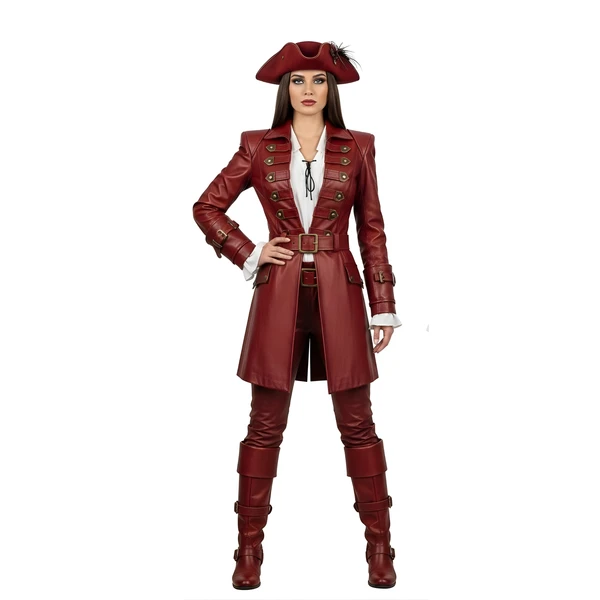 Handmade Red Leather Pirate Costume for Women – Buccaneer Coat & Matching Pants – Renaissance Fantasy Cosplay Outfit