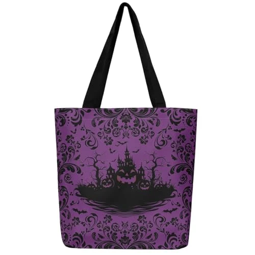 Homewish Tote Bag Gothique Violet et Noir, Sac Fourre Tout Femme Adulte Chauve-Souris Citrouille, Sac Cabas Rétro Damassée pour Fille Femme, Sac Tissu Château D'Halloween