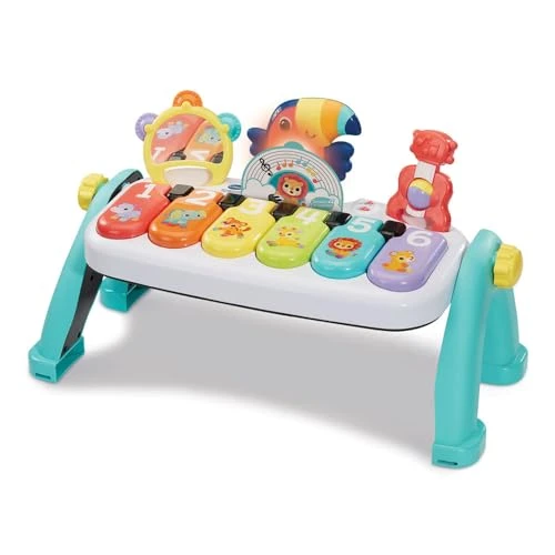 VTech - Mon Super Piano des Découvertes - Jouet Musical 3 en 1 - Clavier Piano Bébé Inclinable avec 3 Partitions de Musique et 2 Hochets Instruments - Cadeau Bébé Dès 9 Mois - Contenu en Français