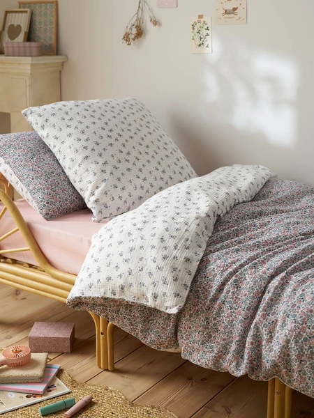 Parure housse de couette et taie d'oreiller en gaze de coton RETRO FLOWERS, avec coton recyclé rose imprimé - Vertbaudet