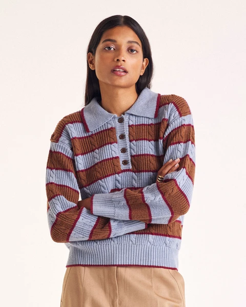 Pull Isidore rayures bleu, cannelle et bordeaux