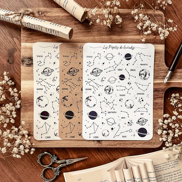 Grande planche de stickers galaxie noir et blanc