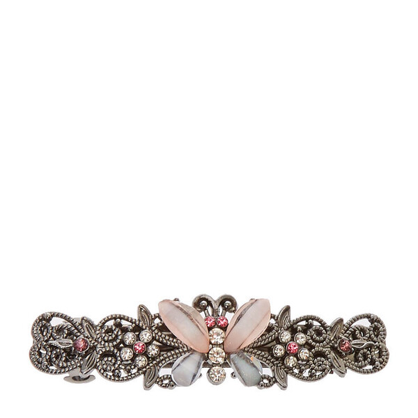 Pince à cheveux couleur hématite avec motif papillon rose