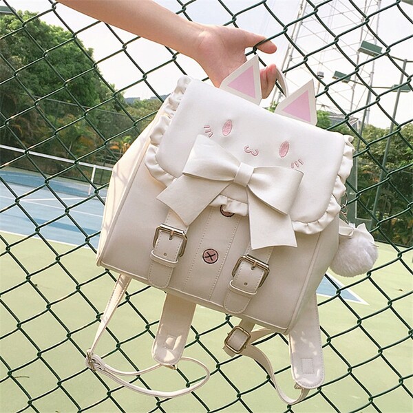  chat sac à dos école femmes Pu cuir sacs à dos adolescentes Kawaii arc oreilles sacs à bandoulière femme Mochila rose blanc | AliExpress