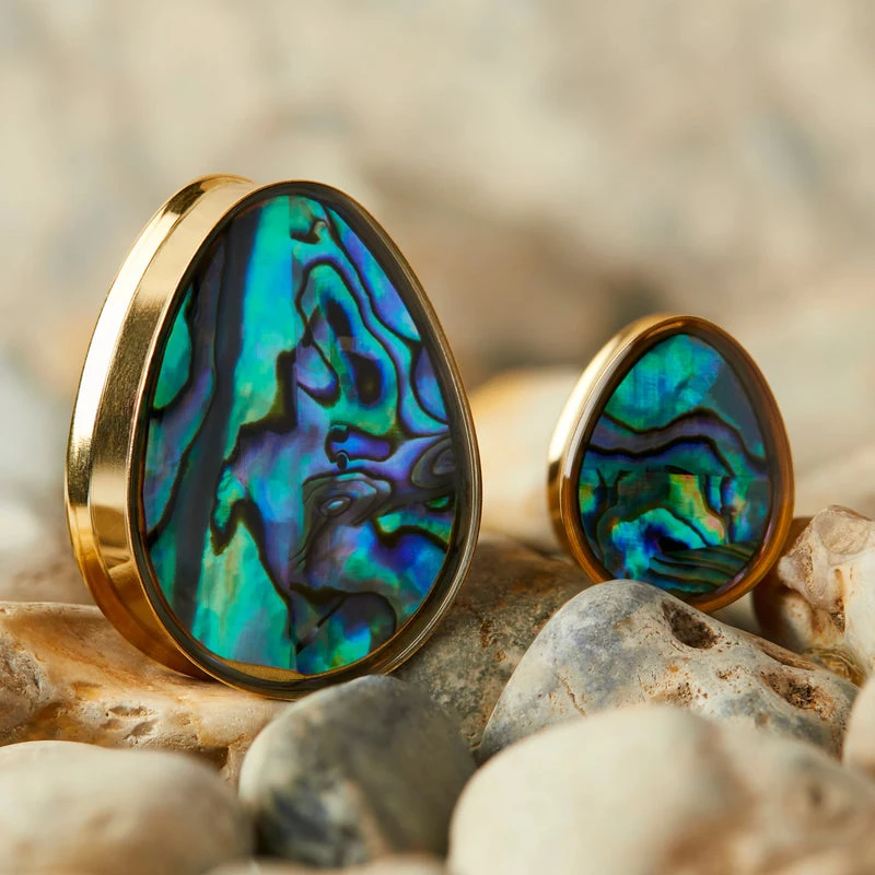 Abalone & Gold Steel Teardrop Plug / Gauge