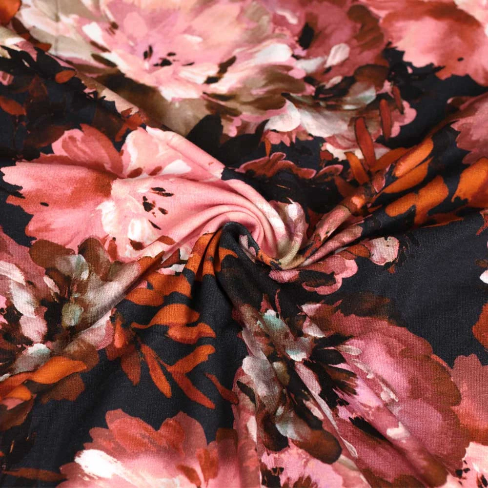 220gr - Tissu jersey de viscose noir à motif grosse fleur rose | Pour couture d'habits stretch : tee-shirt ou robe de poids lége