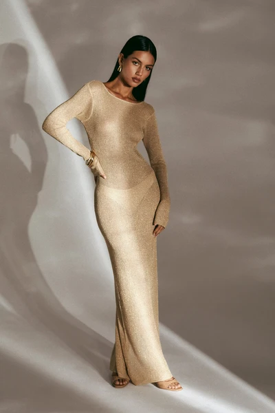 LELA DRESS KNITTED SHIMMER MAXI DRESS WITH LONG SLEEVES