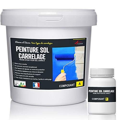 Peinture carrelage sol recouvrir d'une résine faïence et tous types de carreaux - PEINTURE CARRELAGE - Ral 5021 Bleu D'eau - Kit 1 Kg jusqu'a 5m² pour 2 couches - ARCANE INDUSTRIES