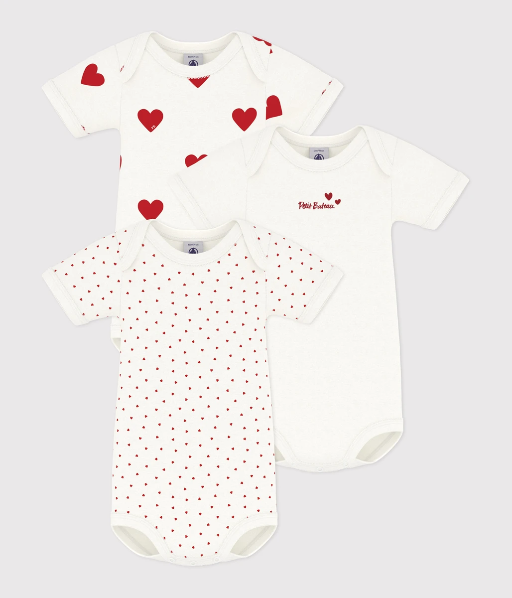Lot de 3 bodies cœur rouge manches courtes bébé en coton
