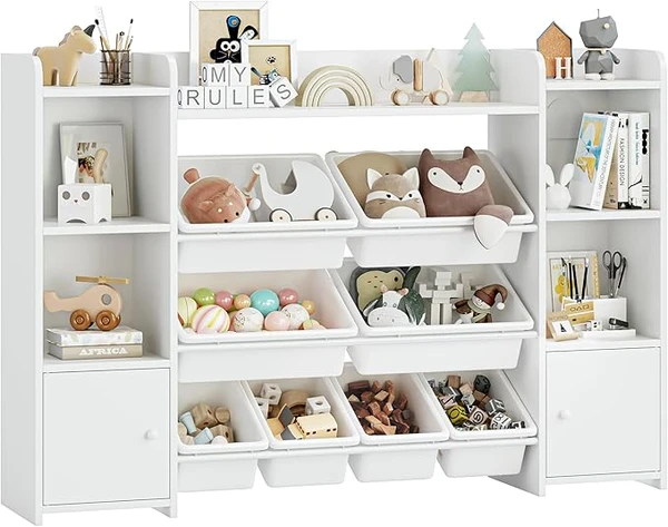 FOREHILL Meuble de Rangement Jouets Enfant Bibliothèque Enfant avec 8 Boîtes Amovibles 9 Étagères Organisateur de Jouets pour Chambre d’Enfant Salle de Jeu Blanc