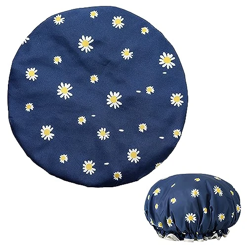 Bonnet de douche pour femme, double couche, imperméable, avec motif floral unique, réutilisable, pour cheveux longs, courts et bouclés (bleu)