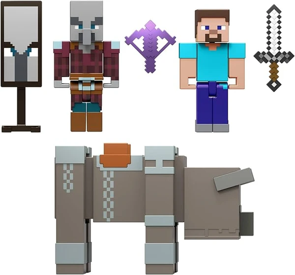 Mattel Minecraft Coffret Invasion de Village avec 3 Figurines articulées de 8 cm et 3 Accessoires, Coffret à Collectionner incluant Steve, JJT18