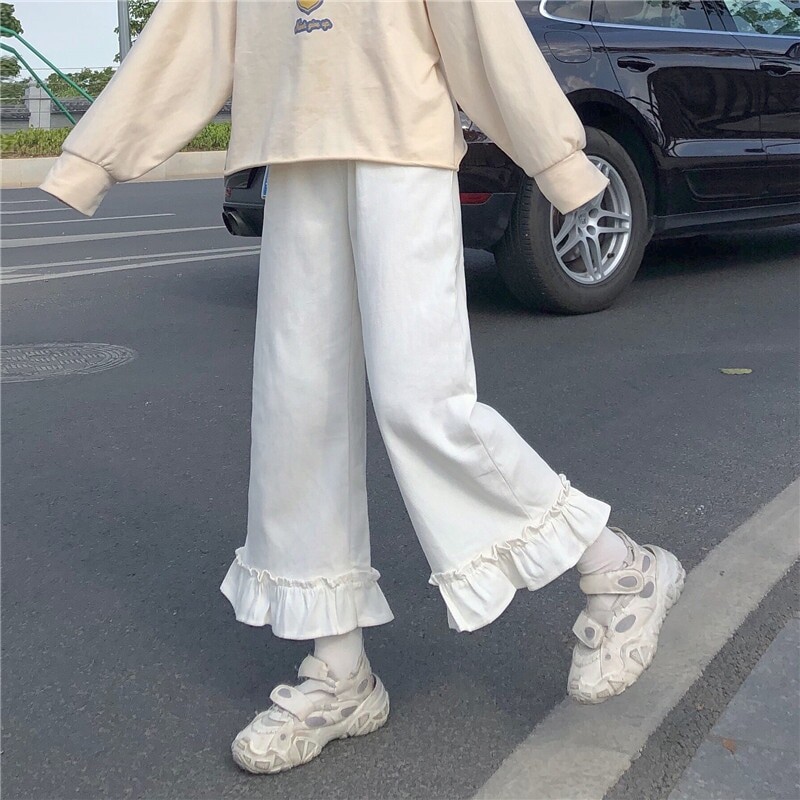 Pantalon doux japonais Kawaii pour femmes, bas à volants, taille haute, ample, élastique, couleur unie, pour étudiantes