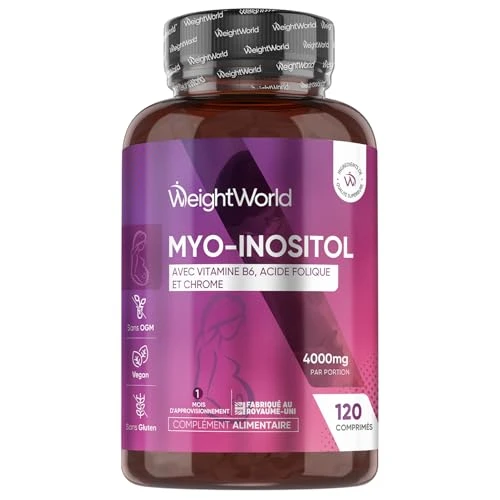 Myo inositol 4000mg Acide Folique Vitamine B6, B9, Chrome - La Vitamine B6 Contribue à la Régulation de l'Activité Hormonale, 120 Comprimés Vegan 1 Mois, Myo Inositol Complexe avec Acide Folique
