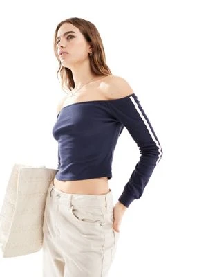 Pull&Bear - Top sport rayé d'ensemble à épaules dénudées et bande - Bleu marine