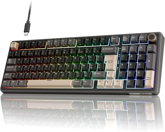 RK ROYAL KLUDGE R98 Pro Clavier Mécanique Filaire, Clavier Gamer 96% AZERTY, Rétroéclairage RGB, Touches PBT, Gasket Structure, Molette de Volume, Hot-Swap Switch Creamy Linéaire Pré-lubrifié