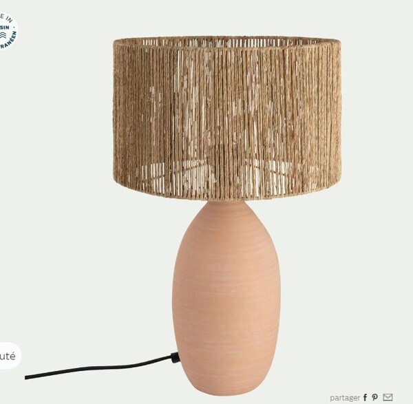 Pied de lampe électrifié en terre cuite - rose argile D14,5xH36,5cm