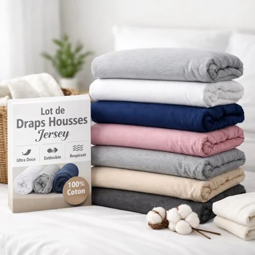 Lot de 5 Draps Housses 100% Coton -57-Fils -Tissage Serré -Bonnets 20-25cm Couleurs Aléatoires (140x200cm Jersey)
