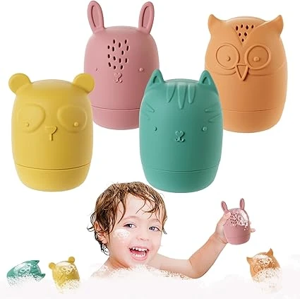 HOTUT Jouet de Bain Bébé, 4 Pièces Jouets de Bain en Silicone avec Ouverture, Pulvérisable, Jouets d'eau Compressibles, Animaux Jouets Flottants, Jouets Baignoire pour Le Bain Piscine La Plage Cadeaux